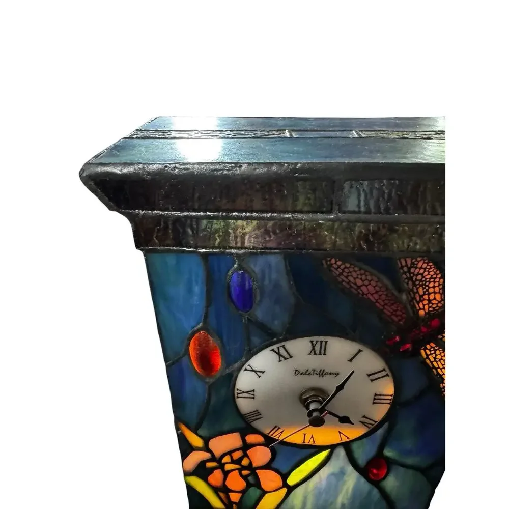 Dale Tiffany Stained Glass Dragonfly Floral Desk Clock Roman Numerals Multicolor